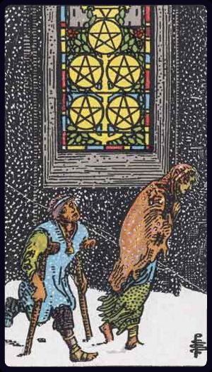 Five of Pentacles in the LuciellaES Rider–Waite–Smith deck