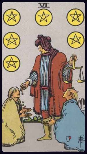 Six of Pentacles in the LuciellaES Rider–Waite–Smith deck