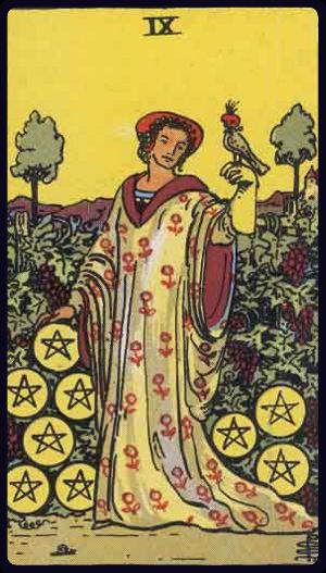 Nine of Pentacles in the LuciellaES Rider–Waite–Smith deck