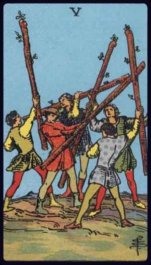 Five of Wands in the LuciellaES Rider–Waite–Smith deck